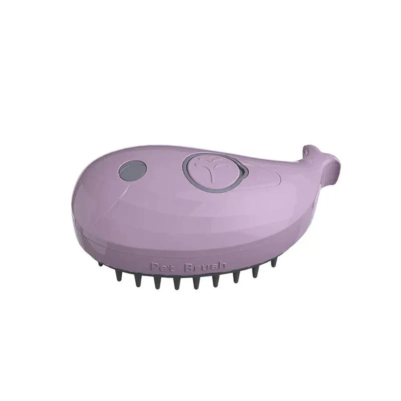Purple dog grooming brush with a paw print design on a white background